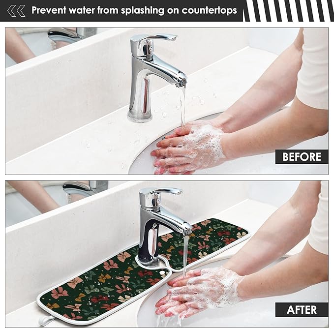 2 PCS Kitchen Sink Splash Guard 14.9 Inch Faucet Mat for Kitchen Sink Bathroom Sink Faucet Absorbing Drip Drain Mat Pad Microfiber Soft Washable Green and Beige Bows Stars