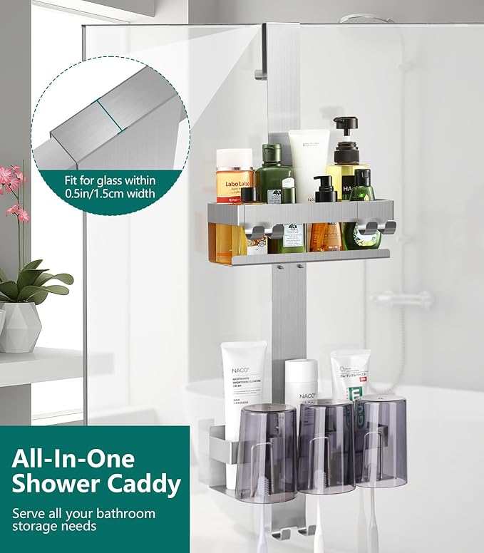Emibele Over The Door Shower Caddy 2 Tier, 304 Stainless Steel Hanging Shower Caddy Rustproof Shower Shelves, No Drilling Hanging Shower Organizer for Bathroom Glass Door, Silver