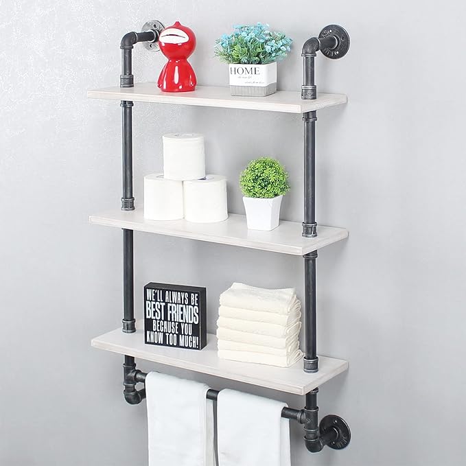 MBQQ Industrial Shelving,Bathroom Shelves with Towel bar,24in Rustic Metal Pipe Floating Shelves Pipe Wall Shelf,3 Tier Industrial Shelf Wall Mounted,Retro White