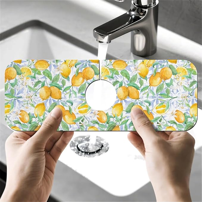 Faucet Draining Mat For Kitchen Sink, Yellow Lemons And Blue Tiles Diatom Mud Absorbent Drain Pad For Bathroom Kitchen Sink Splash Guard Drying Mat