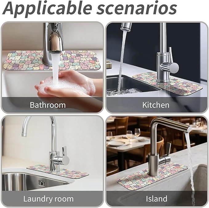 Kitchen Sink Splash Guard，Cute colorful cats Faucet Mat Sink Gadgets-Super Absorbent Fast Drying Mat Drip Catcher for Kitchen, Bathroom,Sink Mat, Dish Drying Mat, Bathroom(15" X 5.5" )