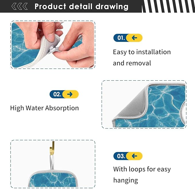 2 PCS Kitchen Sink Splash Guard 23.6 Inch Faucet Mat for Kitchen Sink Bathroom Sink Faucet Absorbing Drip Drain Mat Pad Microfiber Soft Washable Blue Pool Ripples
