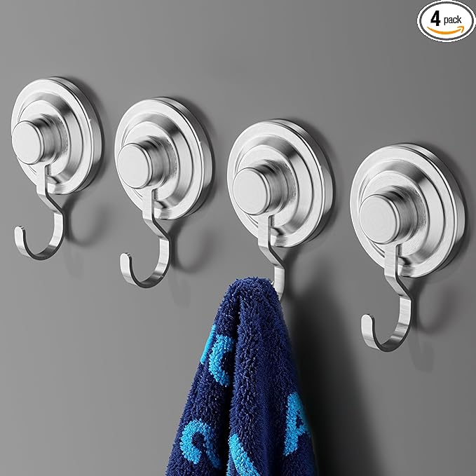 YIGII Suction Hanging Towel Hooks - Bathroom Hooks Without Drilling, Strong Towel Holder – Waterproof & Rustproof, Silver (4-Pack)