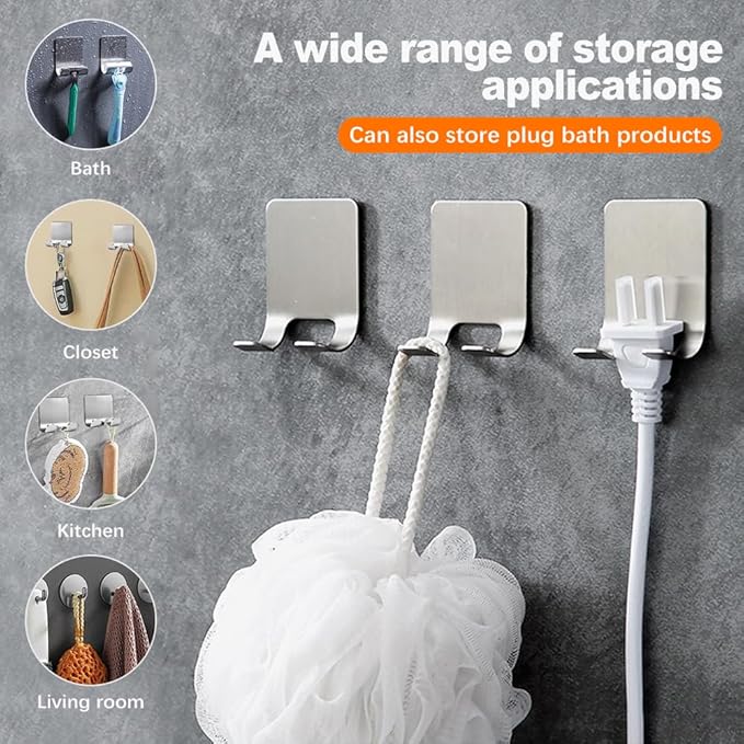 2-Pack Razor Holder For Shower + 2-Pack Adhesive Wall Hooks, 304 Stainless Steel Self Adhesive Shower Razor Holder And Waterproof Sticky Hooks For Bathroom Kitchen Organize Towels, Clothes, Hats