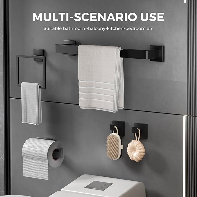 Matte Black Bathroom Hardware Accessories Set of 5 Pieces, 23.6 Inch Bath Towel Bar Set, 304 Stainless Steel Bathroom Hardware Set, Towel Racks for Bathroom Wall Mounted