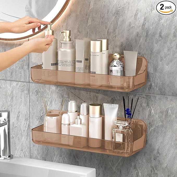 CGBE 2-Pack Acrylic Shower Shelves, Large Capacity Adhesive Shower Shelf, No Drilling Adhesive Bathroom Shelf with Drain Holes,Clear Wall Mount Organizer for Bathroom Storage (Amber)