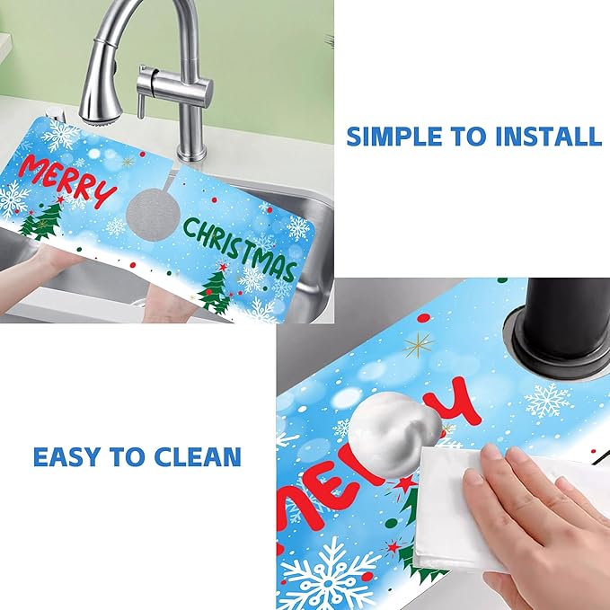 Christmas Tree Snowflakes Dish Drying Mat for Kitchen Sink Splash Guard Behind Faucet Sink Mat Absorbent Fast Drying Faucet Draining Mat for Bathroom Kitchen 5.5"×15"