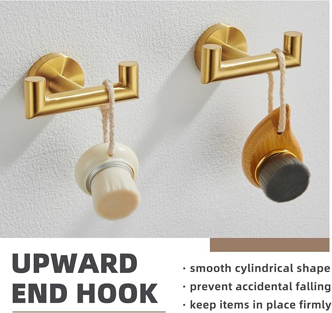 APLusee Brushed Gold Double Towel Hook 2 Pack, 304 Stainless Steel Clothes Hook, Wall Mounted