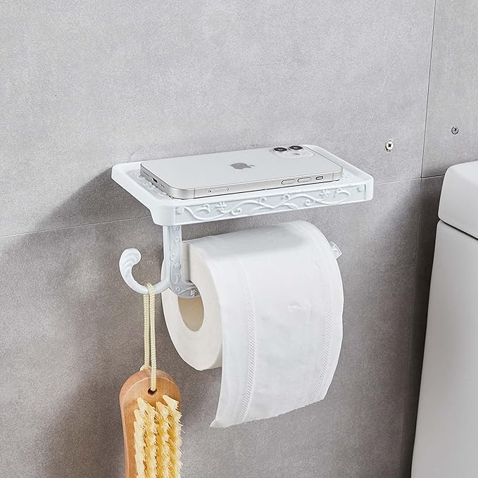 Vintage Carved Floral Toilet Paper Holder with Shelf - Crisp White Aluminum Bathroom Organizer, Wall Mounted Decorative Roll Holder for Bathroom/Vanity (7.24" Phone Shelf, Rust-Proof Finish)