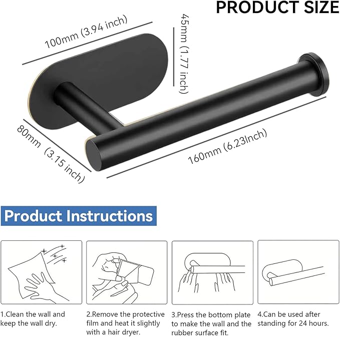 2 Packs Toilet Paper Holder No-Drill Self-Adhesive Towel Rack Stainless Steel Waterproof Rustproof Roll Paper Holder for Bathroom Washroom RVs (Black)