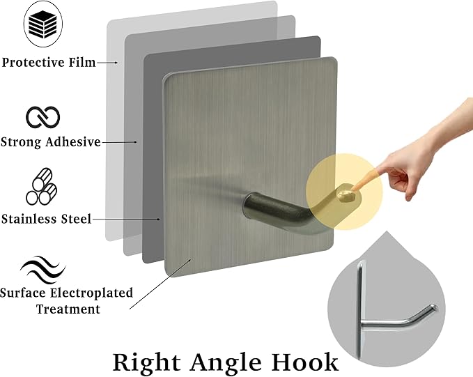 Self-Adhesive Coat Hooks, Stainless Steel Heavy Duty Wall Hooks, Towel Hooks for Hanging Robes, Shower, Coats and Hats in Bathrooms,Kitchens and Hotels(4 Pack, Silver)
