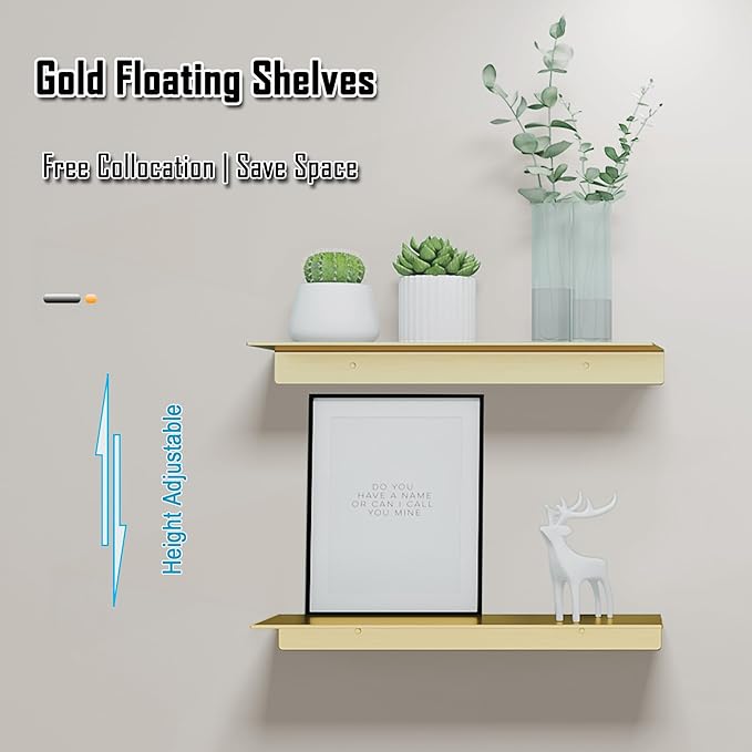 Metal Wall Shelves Set of 2, Brushed Gold Floating Shelf, 30CM Wall Decorative Shelf for Photos, Collectibles, Vases, Trinkets, Crafts, Trophy, etc. Shower Caddy