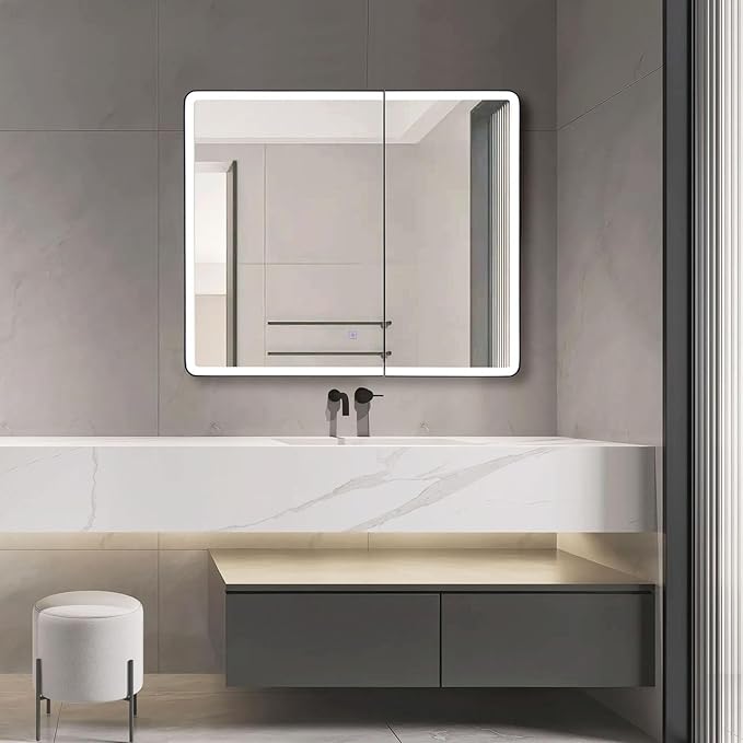 Lighted Bathroom Medicine Cabinet with Round Corner Framed Mirror Door 30 x 25.6 inch, Recessed or Surface Mount, with Adjustable Glass Shelves