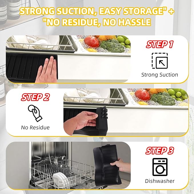Kitchen Sink Splash Guard with Suction Cups, Kitchen Sink Mat, Non-Slip Silicone Sink Edge Protector, Water Splash Guard for Kitchen, Bathroom, Bathtub (Black, 4*20 in)