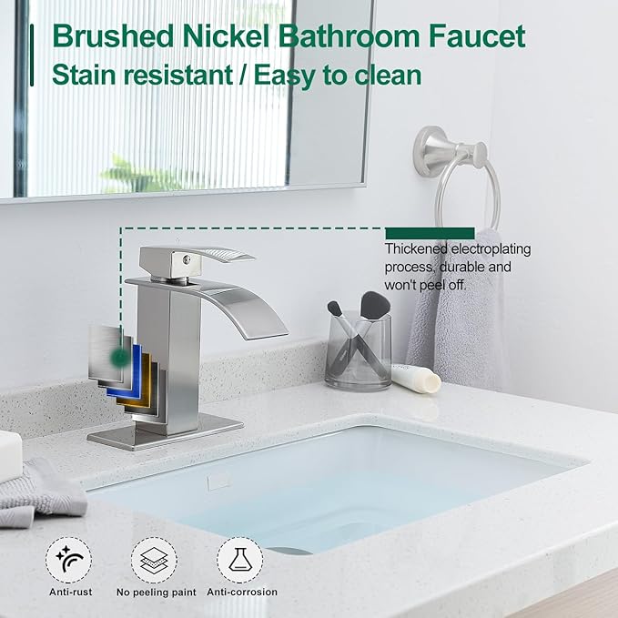 VOTON Waterfall Bathroom Faucets Brushed Nickel Modern Single Handle Sink Faucet for 1 or 3 Holes with Deck Plate and Pop-Up Drain, Rv Sink Camper Farmhouse Faucet