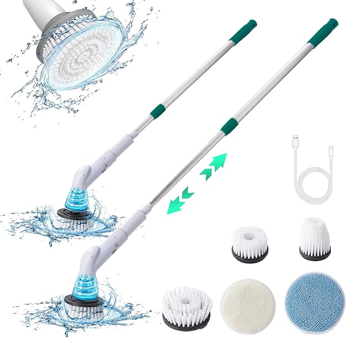 Electric Scrubbers with 5 Replaceable Brush Heads Retractable Handle USB Recharge Handheld Portable Electric Cleaning Scrubbers for Window, Floor, Tile, Toilet, Bathtub