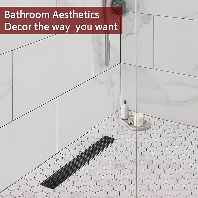32 Inch Linear Shower Drain, Matte Black Shower Drain,Removable Grate, 304 Stainless Steel, Easy to Install and Clean for Bathrooms (Drain Base Not Included), LSD-01A-32B