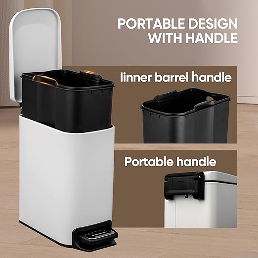 6 Liter 1.6 Gallon Small BathroomTrash Can with Soft Lid W5.9 in Slim Garbage Can with Inner Bucket Dust Bin Waste Bin Bathroom Garbage Can Pedal Powder Coated Metal White