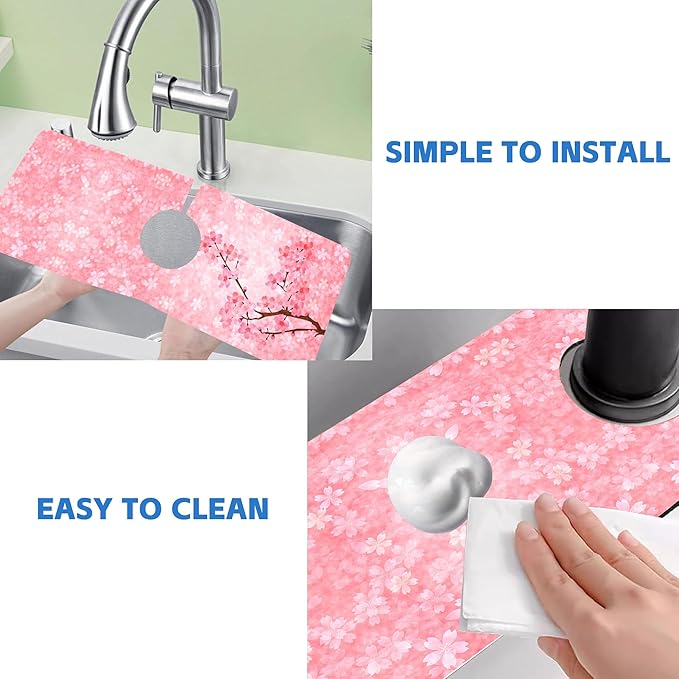 Spring Cherry Blossom Kitchen Sink Splash Guard Absorbent Fast Drying Mat Faucet Draining Guard Behind Faucet Drip Catcher for Kitchen Bathroom 5.5"15"