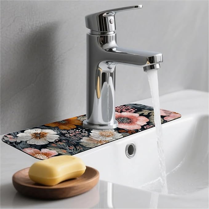 Kitchen Sink Splash Guard，Pink and orange flowers Faucet Mat Sink Gadgets-Super Absorbent Fast Drying Mat Drip Catcher for Kitchen, Bathroom,Sink Mat, Dish Drying Mat, Bathroom(15" X 5.5" )