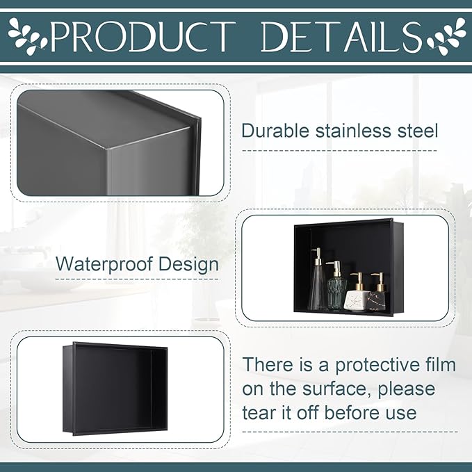 Geelin Shower Niche 15.7 x 11.8 x 3.5 Black Insert Storage Shower Shelf Recessed Wall Niche No Tile Needed Stainless Steel Bathroom Storage for Bathroom Shampoo Soap Shelf Easy Install
