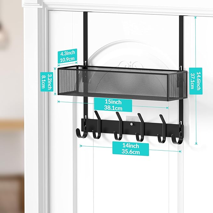 LUCYCAZ Over The Door Hooks - Over Door Organizer, Door Hanger Towel Rack with Mesh Basket & Wreath Hanger, Behind Door Storage Coat Hooks for Bathroom, Bedroom, Kitchen (Black)
