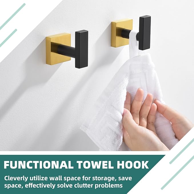 APLusee Robe Towel Hook 2 Pack Black Gold, 304 Stainless Steel Square Coat Hook, Bathroom Kitchen Towel Hanger Wall Mounted
