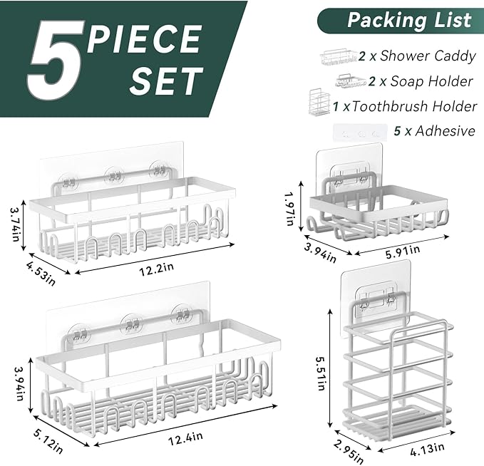 5-Pack Adhesive Shower Caddy, Rustproof Stainless Steel Organizer for Bathroom Storage with Large Capacity, No Drilling Bathroom Caddy with Soap Toothbrush Holder for Kitchen Home White
