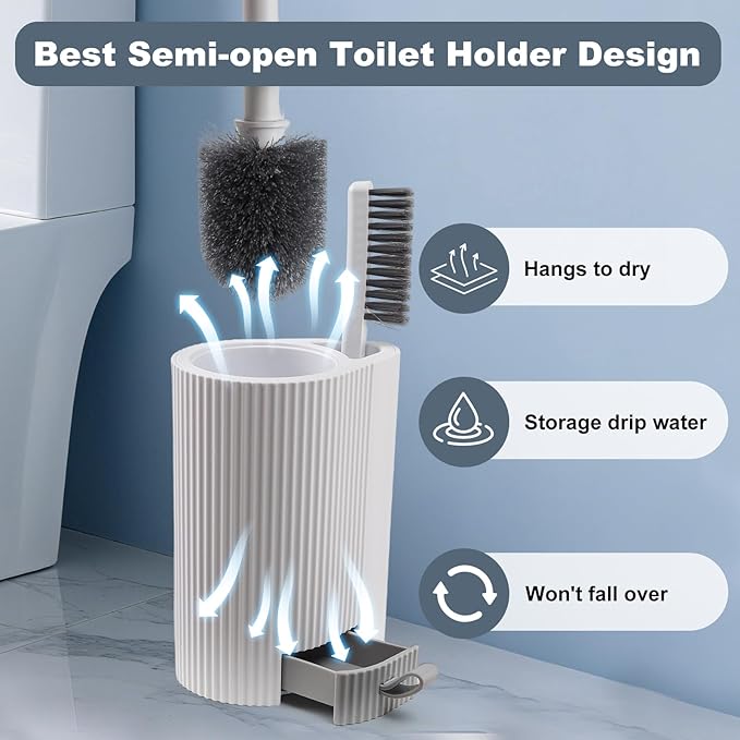 Toilet Bowl Brush and Holder 2 Pack Long Handled Toilet Brush for Bathroom with 2 Crevice Brushes Deep-Cleaning Plastic Toilet Scrubber Brush Set (White)