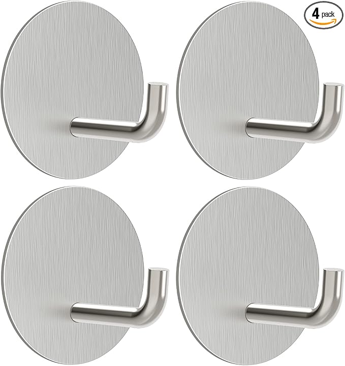 VIS'V Adhesive Hooks, Small Metal Shower Wall Stick on Hooks, Waterproof, 2 Extra Adhesive Strips, Round, Silver, 4 Pcs