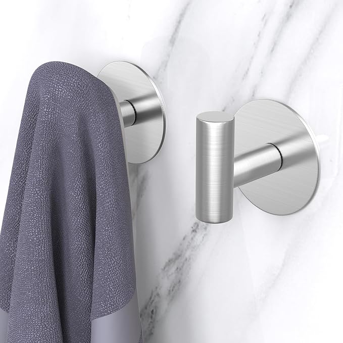 PMMASTO Adhesive Hooks, Matte Stainless Steel Sticky Hooks for Hanging, Self Adhesive Shower Wall Hooks, Towel Hooks Heavy Duty for Bathroom, Bedroom RV and Kitchen (Silver “T ”Shape 2PC-R)