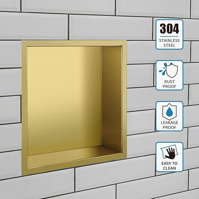 12"×12" Shower Niche Brushed Stainless Steel, Recessed Shower Caddy, Bathroom Shelf Insert Fits for 11"x11" Wall Hole Installation (Gold)