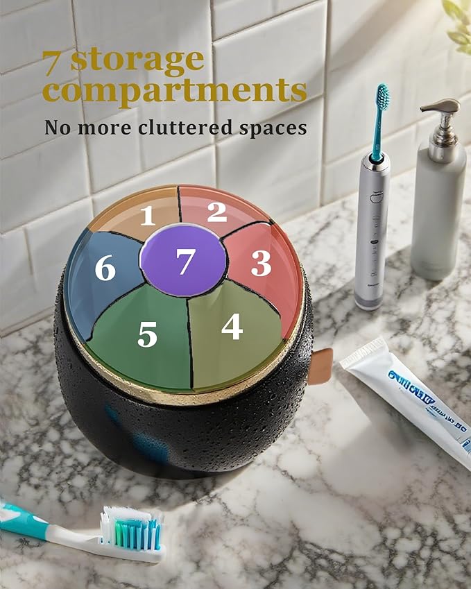 360° Rotating Toothbrush Holder for Bathroom, 7-Slot with Cover & Drainage for Electric Toothbrushes, Toothpaste, Razors - Stand Storage for Vanity, Bathroom Accessories, Countertop Organize (Black)
