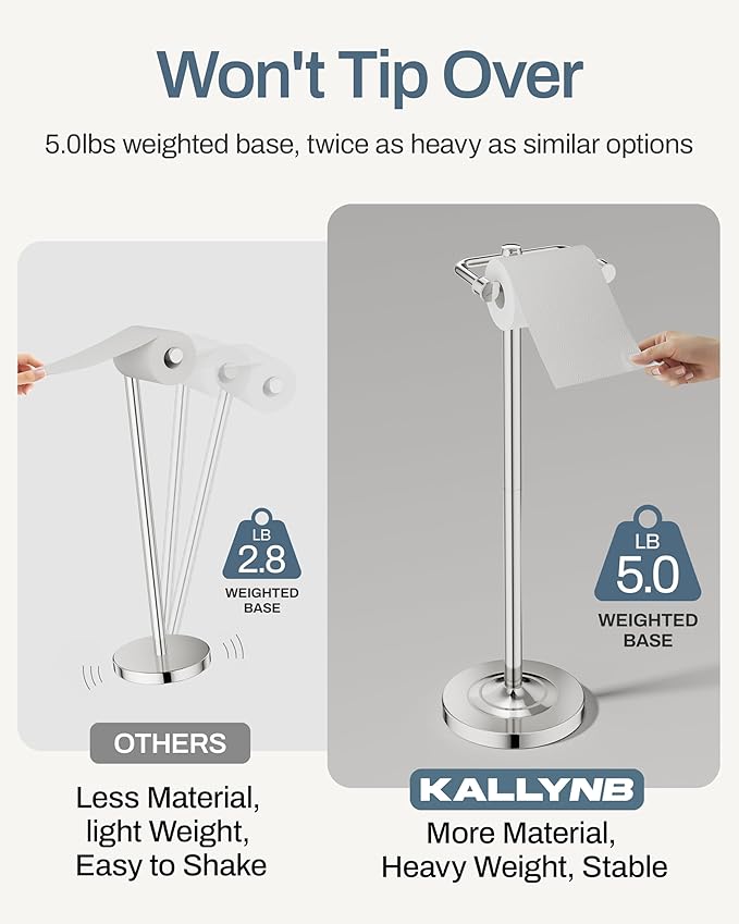 Freestanding Toilet Paper Holder, Double Post Pivoting 22" Height Toilet Roll Holder Floorstanding Base Weighted, Stainless Steel Toilet Paper Holder Stand (Chrome)