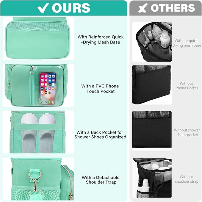 Portable Shower Caddy College Dorm Essentials, Large Toiletry Bag for Women Men, 2 Layers Quickly Dry Mesh Bathroom Tote Bag, Hanging Makeup Organizer Bag for Travel, Gym, Camping (Mint Green)