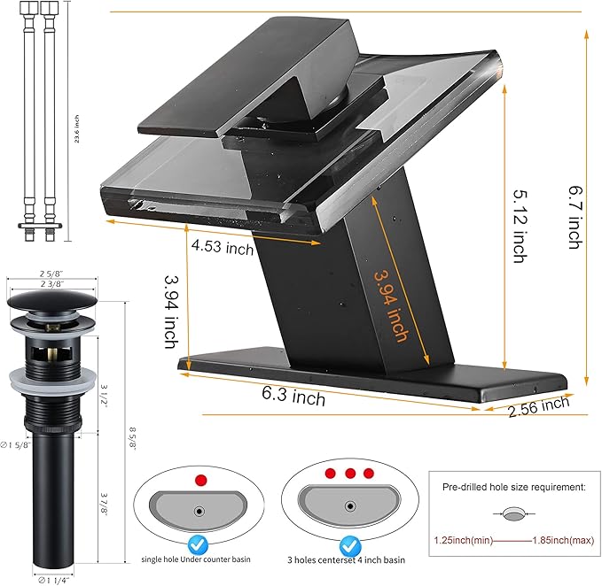 Bathroom Black Faucet Waterfall LED Glass Spout with Overflow Drain Stopper Single Handle One Hole Deck Mount Modern Designer Bath Basin Sink Tap 3 Color Changing Battery Powered Lavatory Vanity