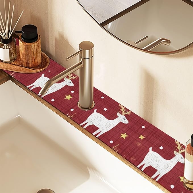 Kitchen Sink Splash Guard 1 PC 14.7 Inch Sink Faucet Mat Splash Guard for Bathroom Countertop Water Absorbent Foldable Cuttable Soft Washable Red Christmas Reindeer Star Dots