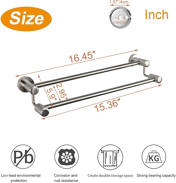 TocTen Double Bath Towel Bar - Thicken SUS304 Stainless Steel Towel Rack for Bathroom, Bathroom Accessories Double Towel Rod Heavy Duty Wall Mounted Towel Holder (Brushed Nickel, 16 in)