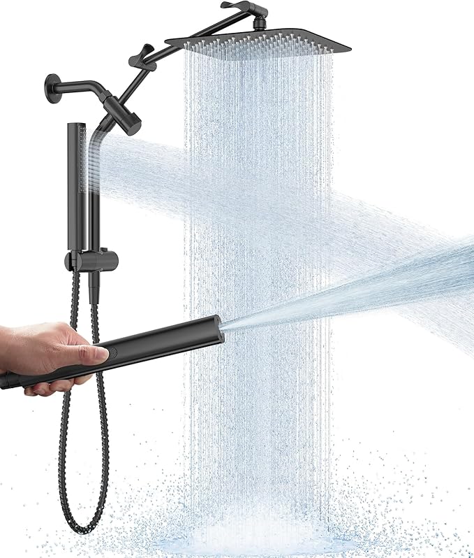 Veken All Metal 10" Black Shower Head with Handheld, Luxurious Square Double Rain Shower Heads with Spray Combo, Dual High Pressure Detachable Rainfall Showerhead with Arm,Bathroom Upgrade,Matte Black