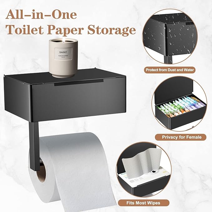 Toilet Paper Holder with Shelf - SUS304 Stainless Steel Toilet Paper Storage with Wipes Dispenser & Toilet Paper Roll Holder Wall Mount for Bathroom Storage, No Drill to Install - Matte Black