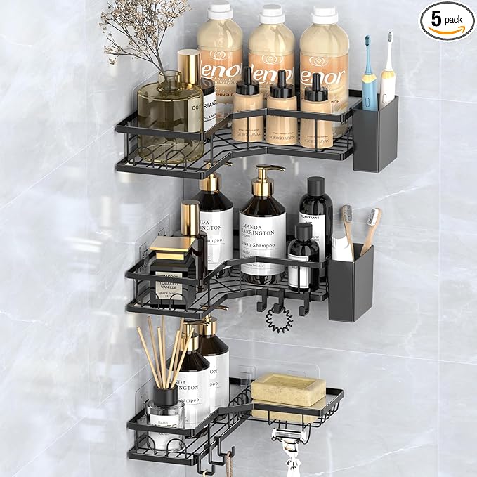 Corner Adhesive Shower Caddy, 5-Pack Rustproof Metal Corner Shelves with 2 Storage Boxes, 18 Hooks, No Drilling Wall Mounted Bathroom Organizer for 90° Corner, Black