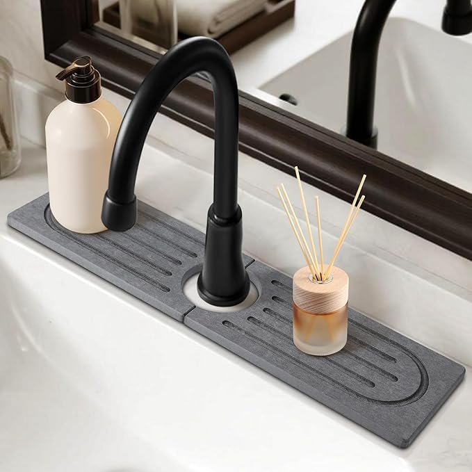 15.7”Drying Stone Faucet Mat for Kitchen Sink-Diatomite Quick Dry Kitchen Sink Splash Guard, Water Absorbent Diatomite Stone Tray,Durable Protector for Bathroom Counter (Grey, 15.7" X 3.9")