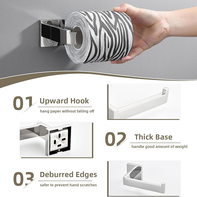 Suyar Polished Chrome Bathroom Hardware Set 4 Pieces, 304 Stainless Steel Bathroom Accessories, Include Robe Hook, Toilet Paper Holder, Hand Towel Holder, Bath Towel Bar