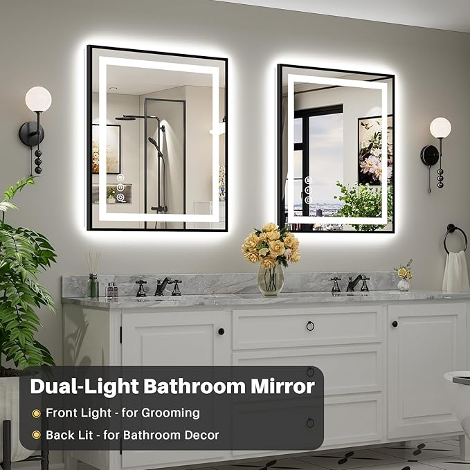36x30 Inch LED Bathroom Mirror with Black Frame, Backlit & Front Lit, Anti-Fog Lighted Bathroom Vanity Mirror for Wall, Memory Function, Dimmable, HD Tempered Glass, Shatter-Proof