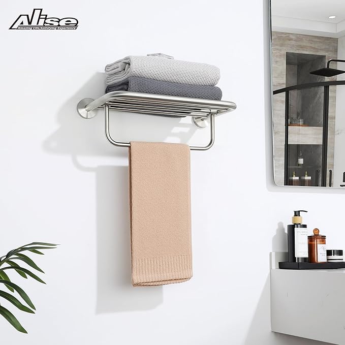 Alise 16 Inch Towel Racks for Bathroom, Foldable Towel Hanger Towel Shelf with Tower Bar, Heavy Duty Towel Holder, SUS 304 Stainless Steel Wall Mount Towel Rail, Brushed Nickel