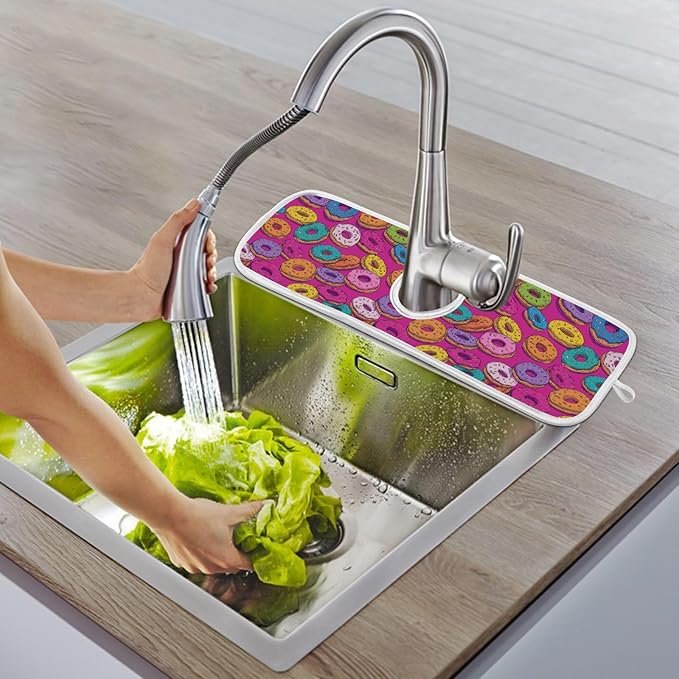 2 PCS Kitchen Sink Splash Guard 23.6 Inch Faucet Mat for Kitchen Sink Bathroom Sink Faucet Absorbing Drip Drain Mat Pad Microfiber Soft Washable Cute Colorful Donuts