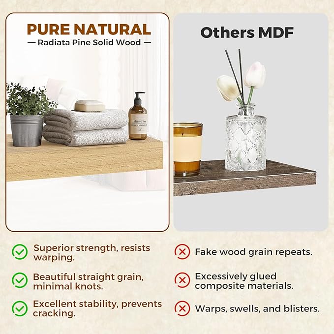 Floating Wall Shelf 16x6.8x1.7 Inch – Solid Wood Shelf in Natural Wood Finish – Wall Mounted Rustic Display Organizer for Bathroom, Kitchen, Bedroom, Small Spaces – Set of 2