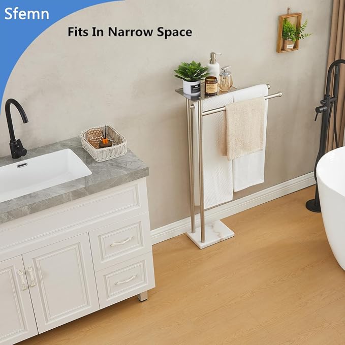 Standing Towel Rack with Weighted Marble Base, Towel Rack Stand with Shelf, 2-Tier Towel Racks for Bathroom, Multiple Spaces Stainless Steel Brushed Finish