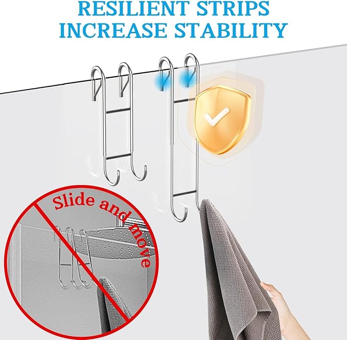 Ofiray-home Shower Door Towel Hooks(2-Pack) - 9"~13" Length Adjustable Hook for Frameless Over The Door Glass, Squeegee Holder, Towel Hanger for Bath Suits Rozer Robes Loofahs Shavers, Stainless Steel