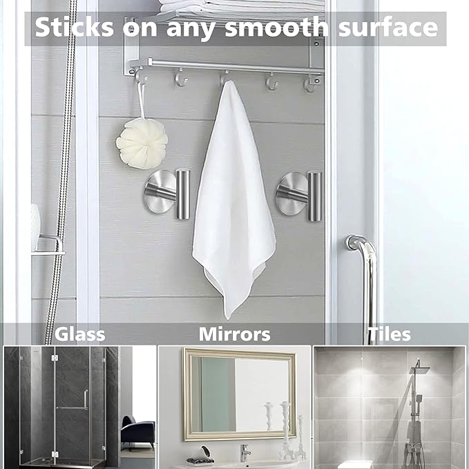 Adhesive Hooks Heavy Duty Wall Hooks Stainless Steel Waterproof Shower Hooks, Adhesive Holders Coat Robe Hooks for Hanging, Wall Mounted Towel Hooks for Bathroom Kitchen - 4 Pack